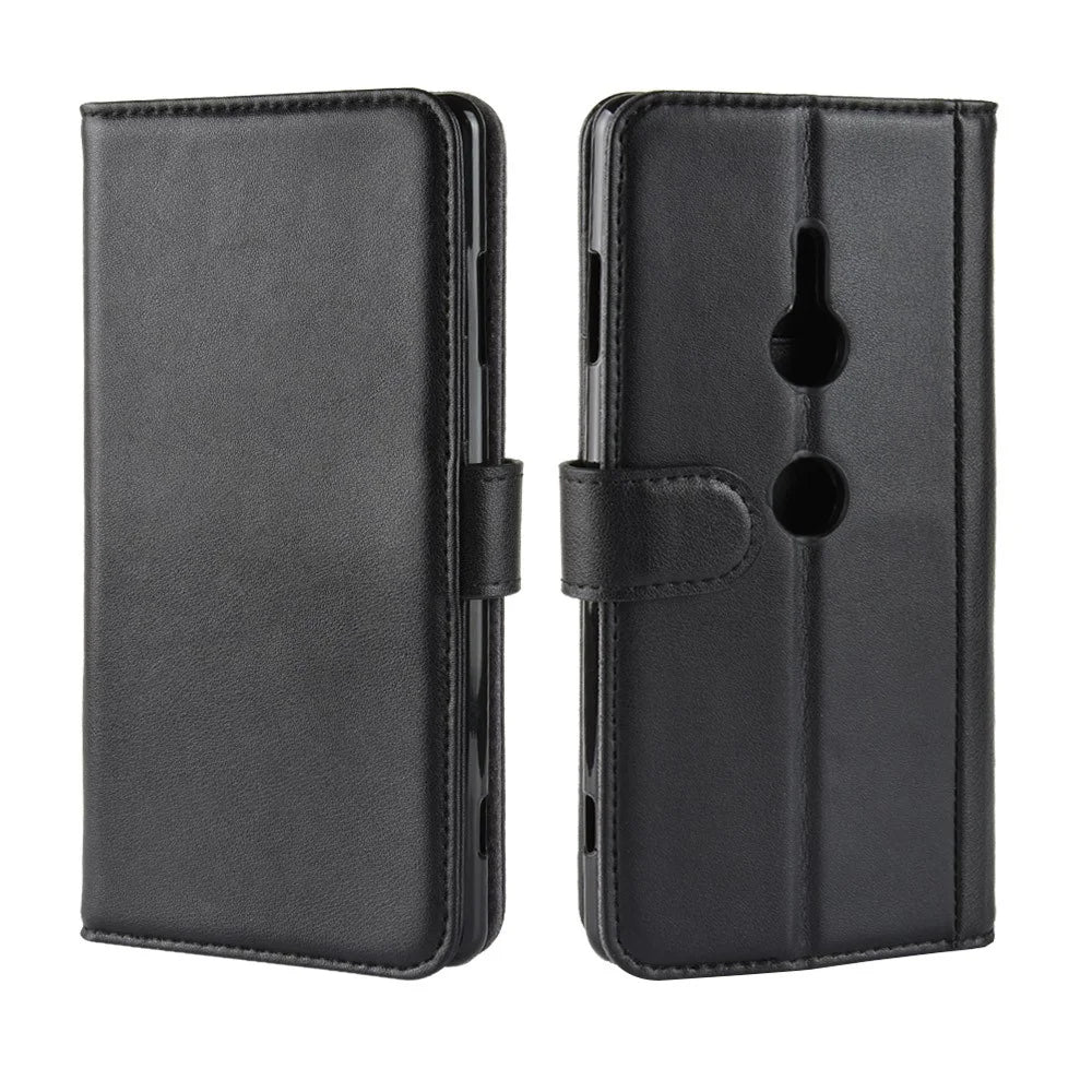 For Sony Xperia XZ3 Phone Cases Genuine Split Leather Wallet Mobile Cover Stand - Black - 2