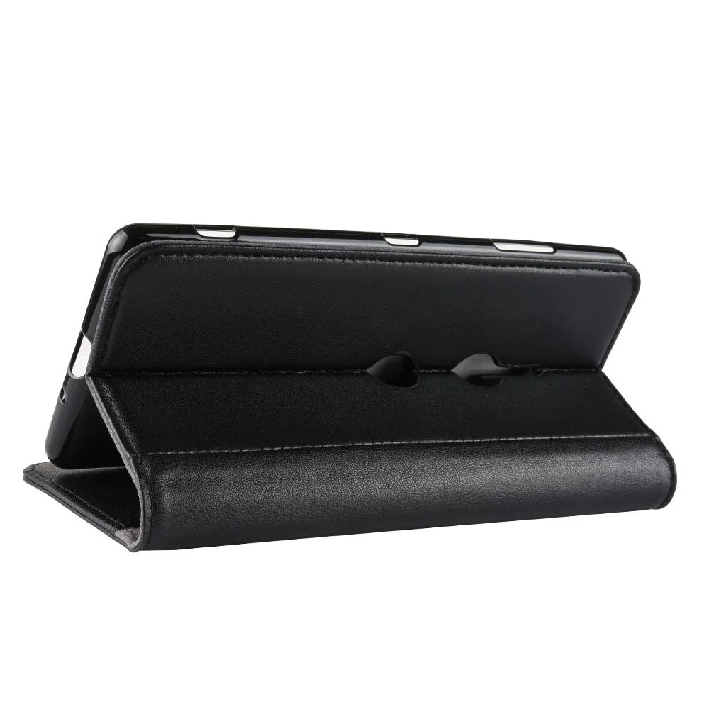For Sony Xperia XZ3 Phone Cases Genuine Split Leather Wallet Mobile Cover Stand - Black - 7