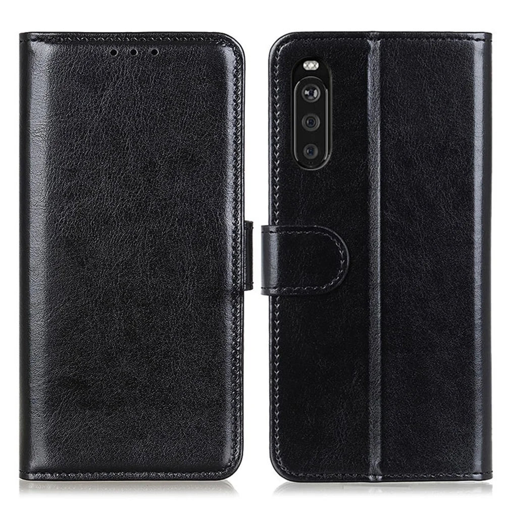 For Sony Xperia 10 III 5G Mobile Phone Case Bag Crazy Horse Wallet Leather Stand Shell Covering - Black - 1