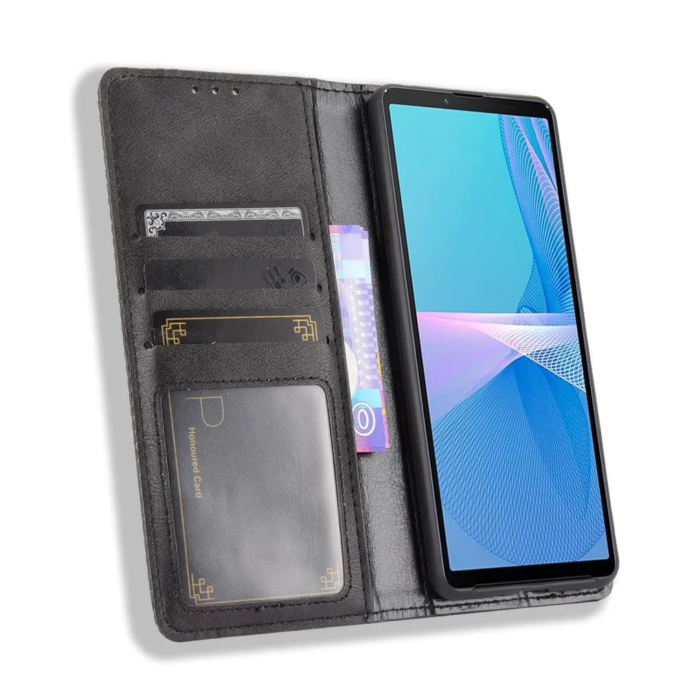 Magnetic Closure Vintage Style Phone Case Wallet Stand Leather Cover for Sony Xperia 10 III 5G - Black - 5