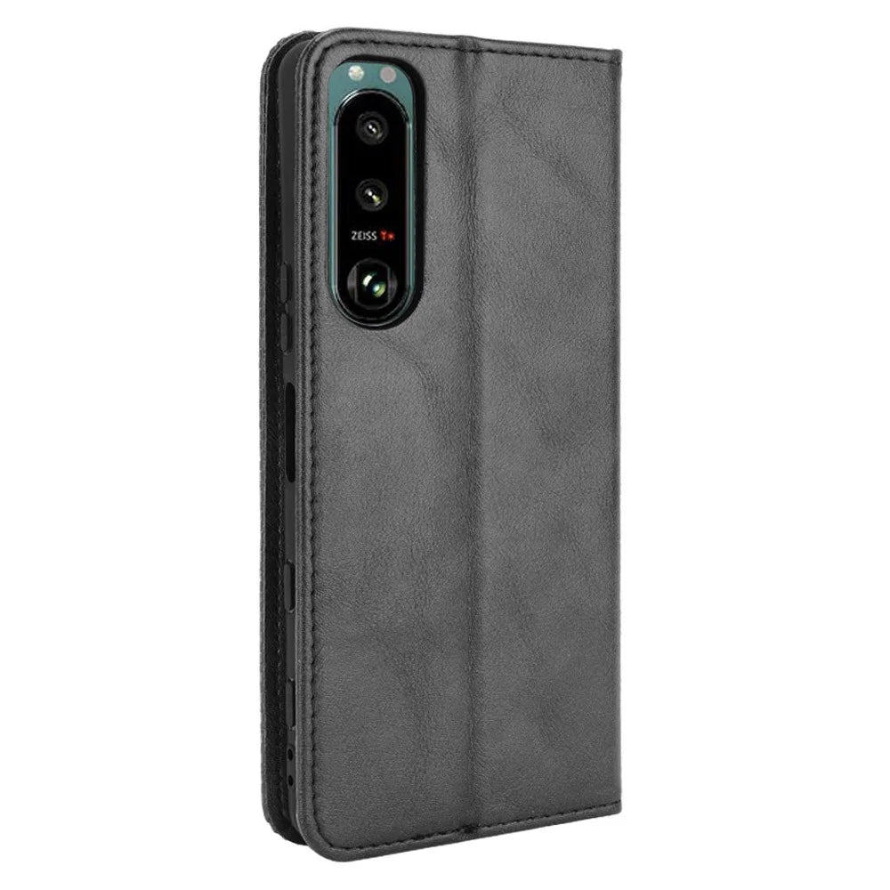 Vintage Style Leather Cover Stand Wallet Phone Case for Sony Xperia 5 III 5G - Black - 3