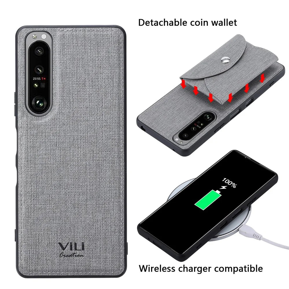 VILI T Series Leather Skin TPU Shell with Movable Magnetic-Absorbed Wallet for Sony Xperia 1 III 5G - Grey - 2
