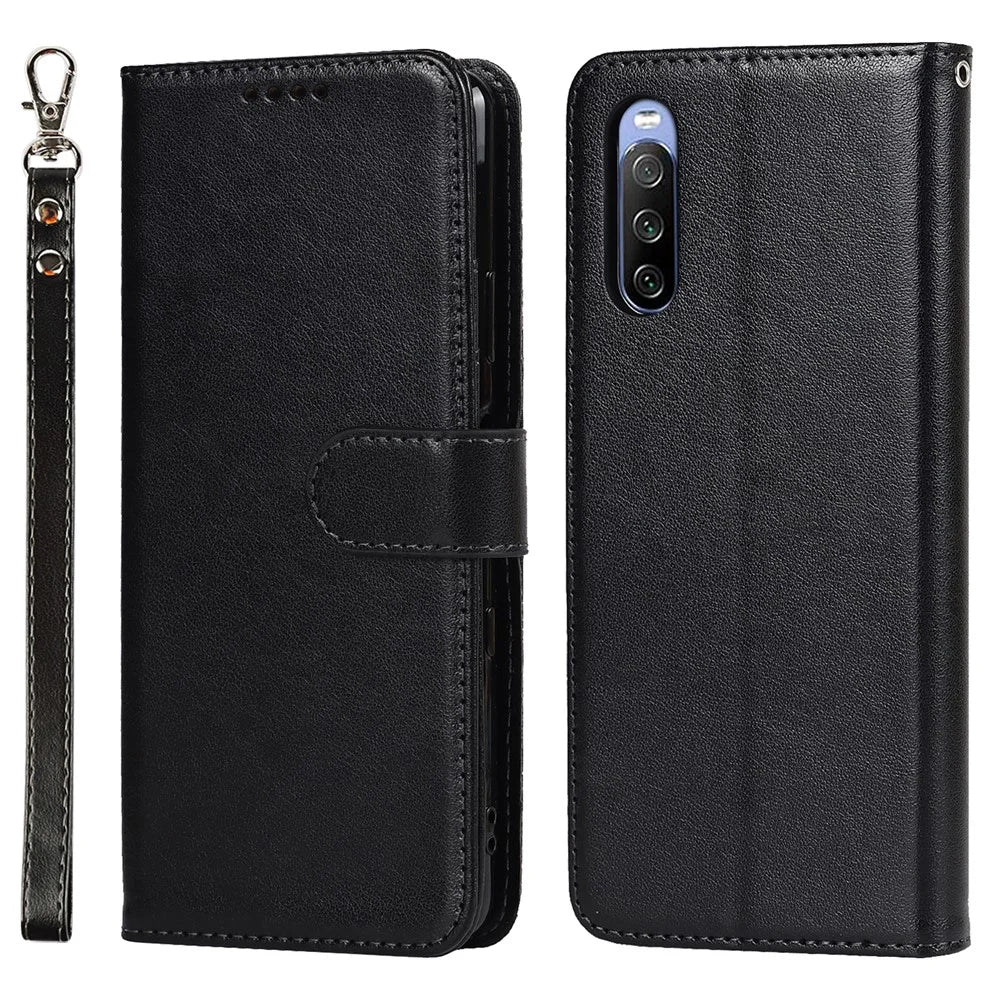 R61 Texture Felled Seam Phone Case PU Leather Anti-scratch Well-protected Wallet Stand Shell with Strap for Sony Xperia 10 III 5G/Xperia 10 III Lite - Black - 1