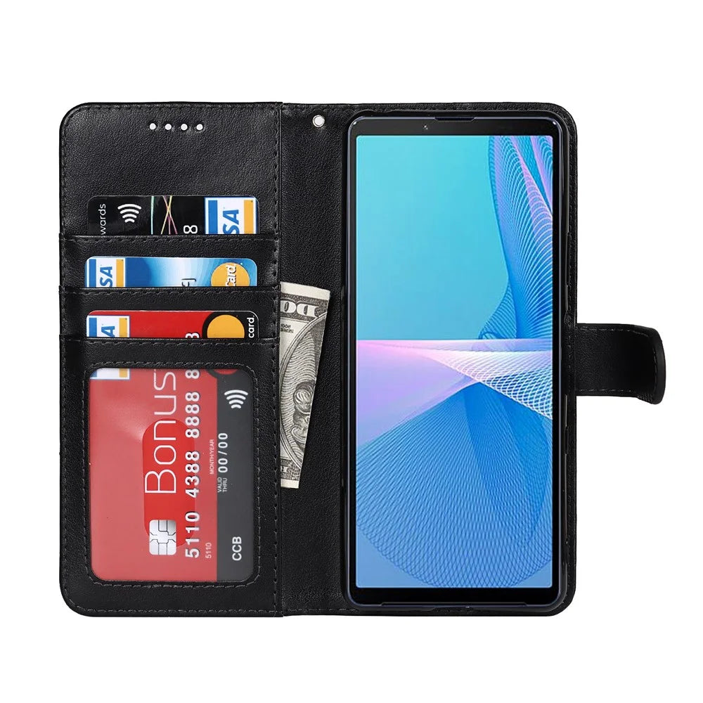 R61 Texture Felled Seam Phone Case PU Leather Anti-scratch Well-protected Wallet Stand Shell with Strap for Sony Xperia 10 III 5G/Xperia 10 III Lite - Black - 4