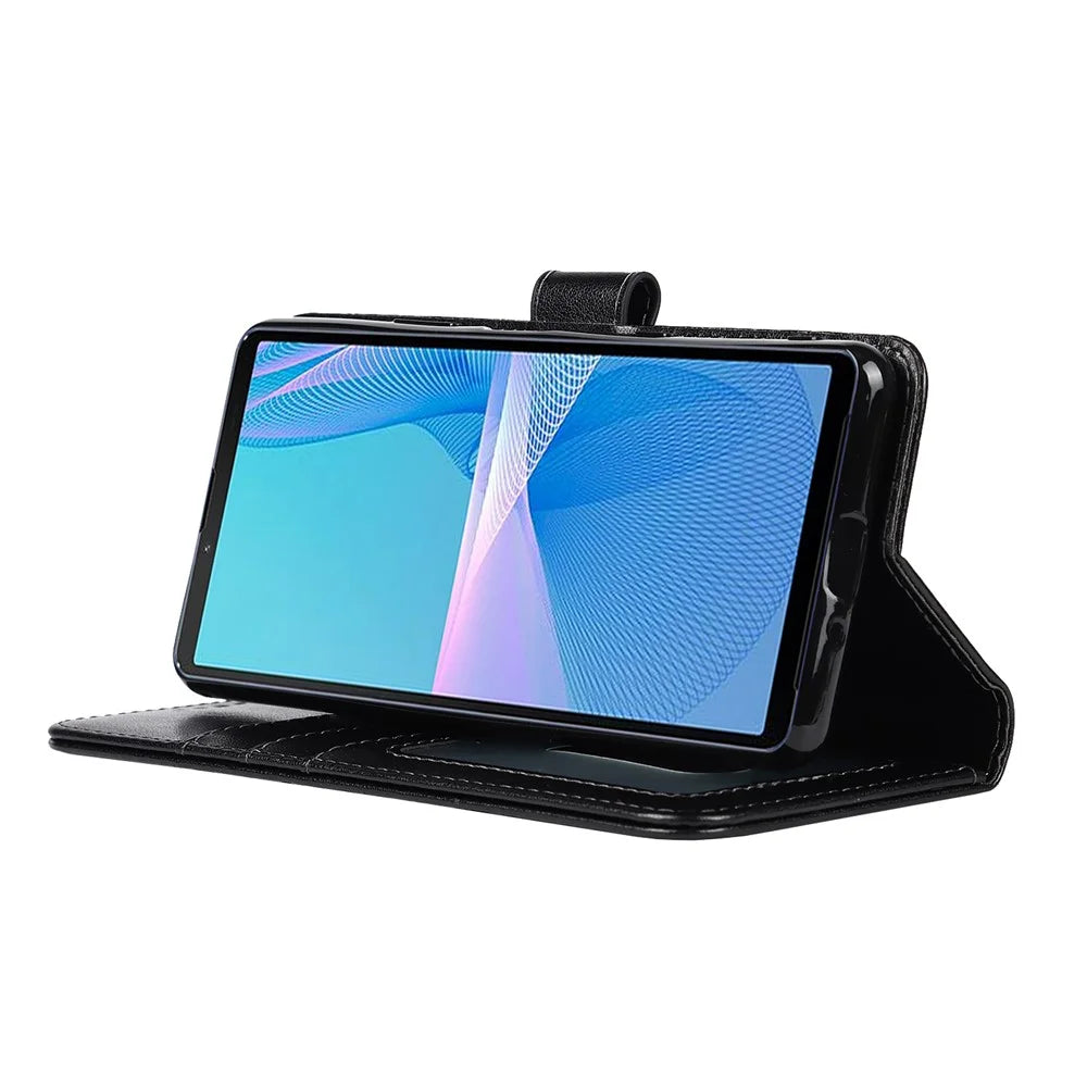 R61 Texture Felled Seam Phone Case PU Leather Anti-scratch Well-protected Wallet Stand Shell with Strap for Sony Xperia 10 III 5G/Xperia 10 III Lite - Black - 5