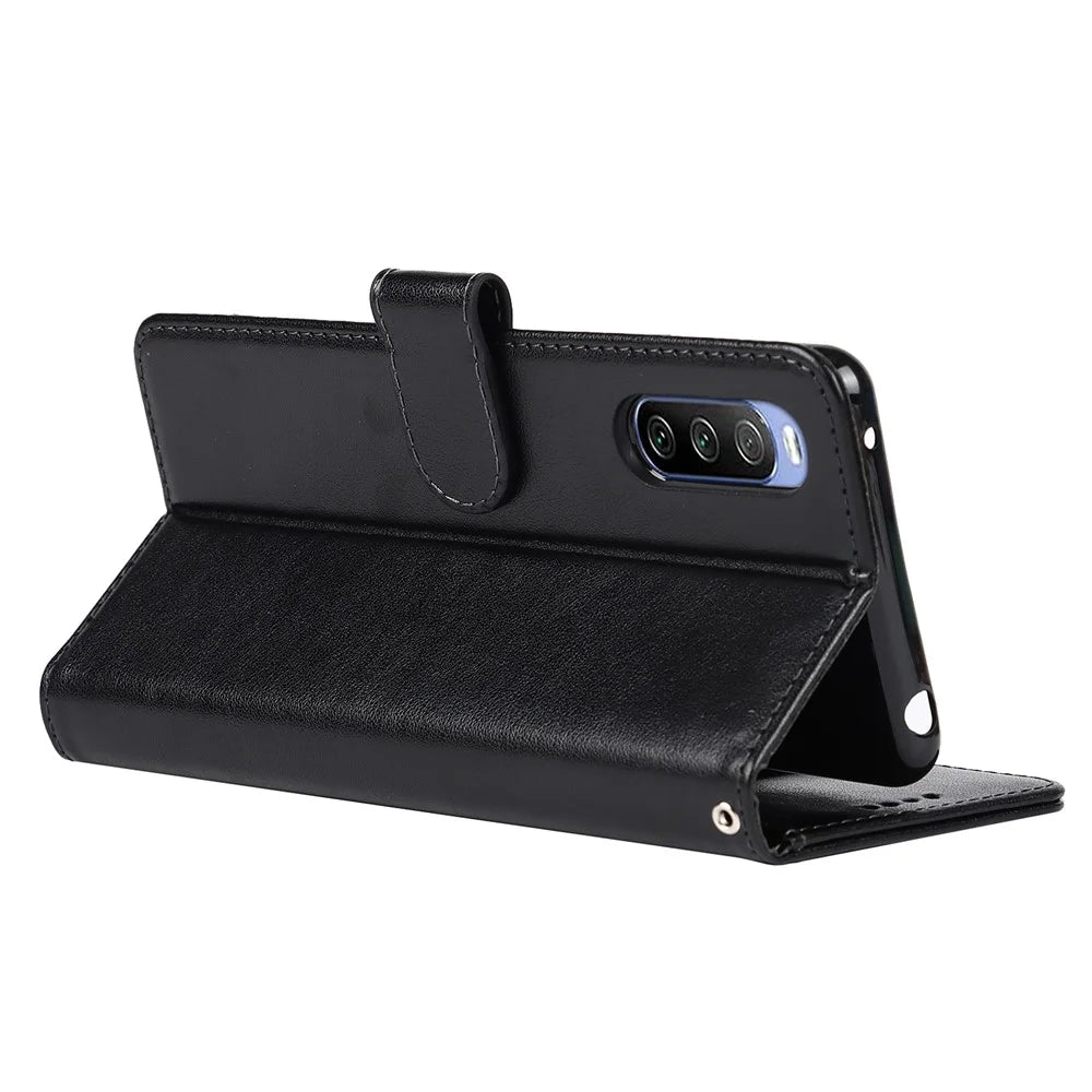 R61 Texture Felled Seam Phone Case PU Leather Anti-scratch Well-protected Wallet Stand Shell with Strap for Sony Xperia 10 III 5G/Xperia 10 III Lite - Black - 6