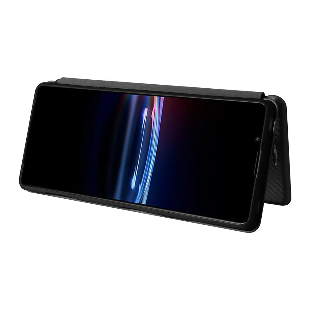 For Sony Xperia Pro-I Ring Strap Carbon Fiber Texture Case Well-protected Auto-absorbed Magnetic Closure Leather Phone Cover with Stand - Black - 4