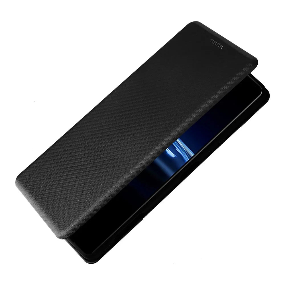 For Sony Xperia Pro-I Ring Strap Carbon Fiber Texture Case Well-protected Auto-absorbed Magnetic Closure Leather Phone Cover with Stand - Black - 6