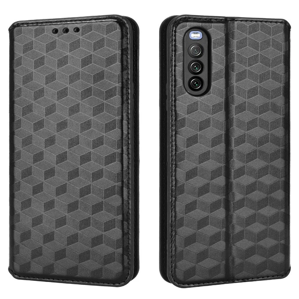 For Sony Xperia 10 III 5G/Xperia 10 III Lite Adjustable Stand Rhombus Imprinted Case Magnetic Closure Anti-scratch Shockproof PU Leather Wallet Mobile Phone Cover - Black - 1