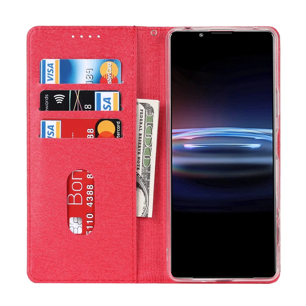 For Sony Xperia Pro-I PU Leather Magnetic Absorption Case Silk Texture Full Protection Stand Flip Folio Wallet Cover with Strap - Red - 4