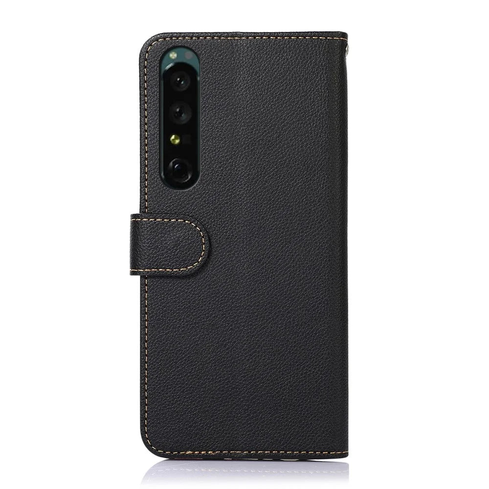 KHAZNEH for Sony Xperia 1 IV RFID Blocking Wallet Stand Phone Case Litchi Texture Leather Flip Anti-Fall Cover with Strap - Black - 7