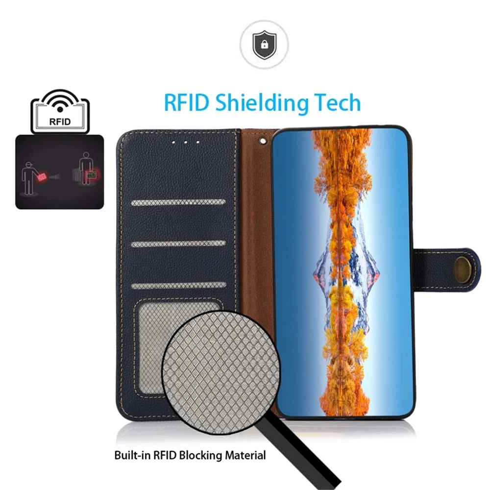 KHAZNEH for Sony Xperia 10 IV RFID Blocking Stand Wallet Style Textured Genuine Leather + TPU Dual-layer Protection Shell - Blue - 2
