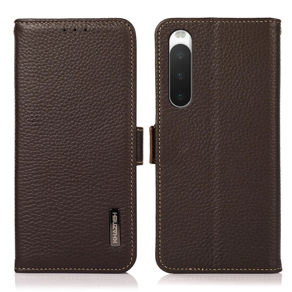 KHAZNEH for Sony Xperia 10 IV Litchi Texture Genuine Leather Wallet Stand Case RFID Blocking Double Magnetic Clasps Anti-fall Phone Cover - Brown - 1