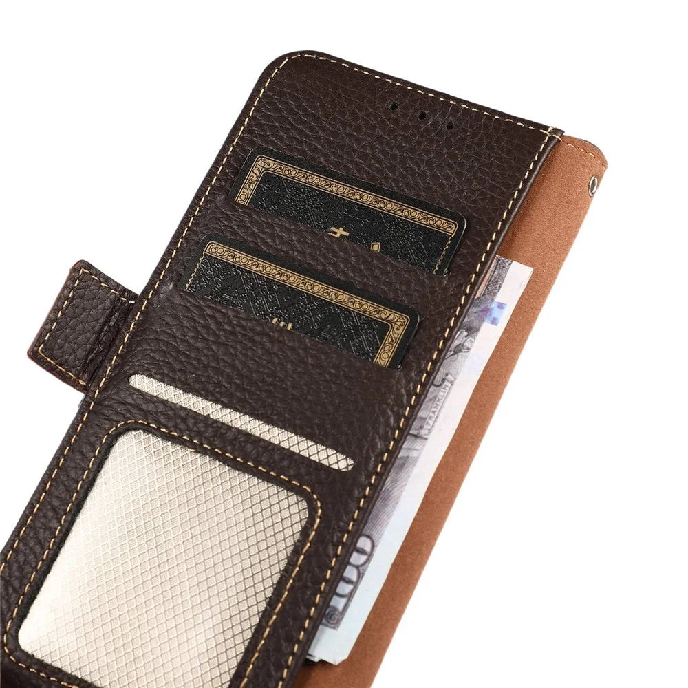 KHAZNEH for Sony Xperia 10 IV Litchi Texture Genuine Leather Wallet Stand Case RFID Blocking Double Magnetic Clasps Anti-fall Phone Cover - Brown - 6