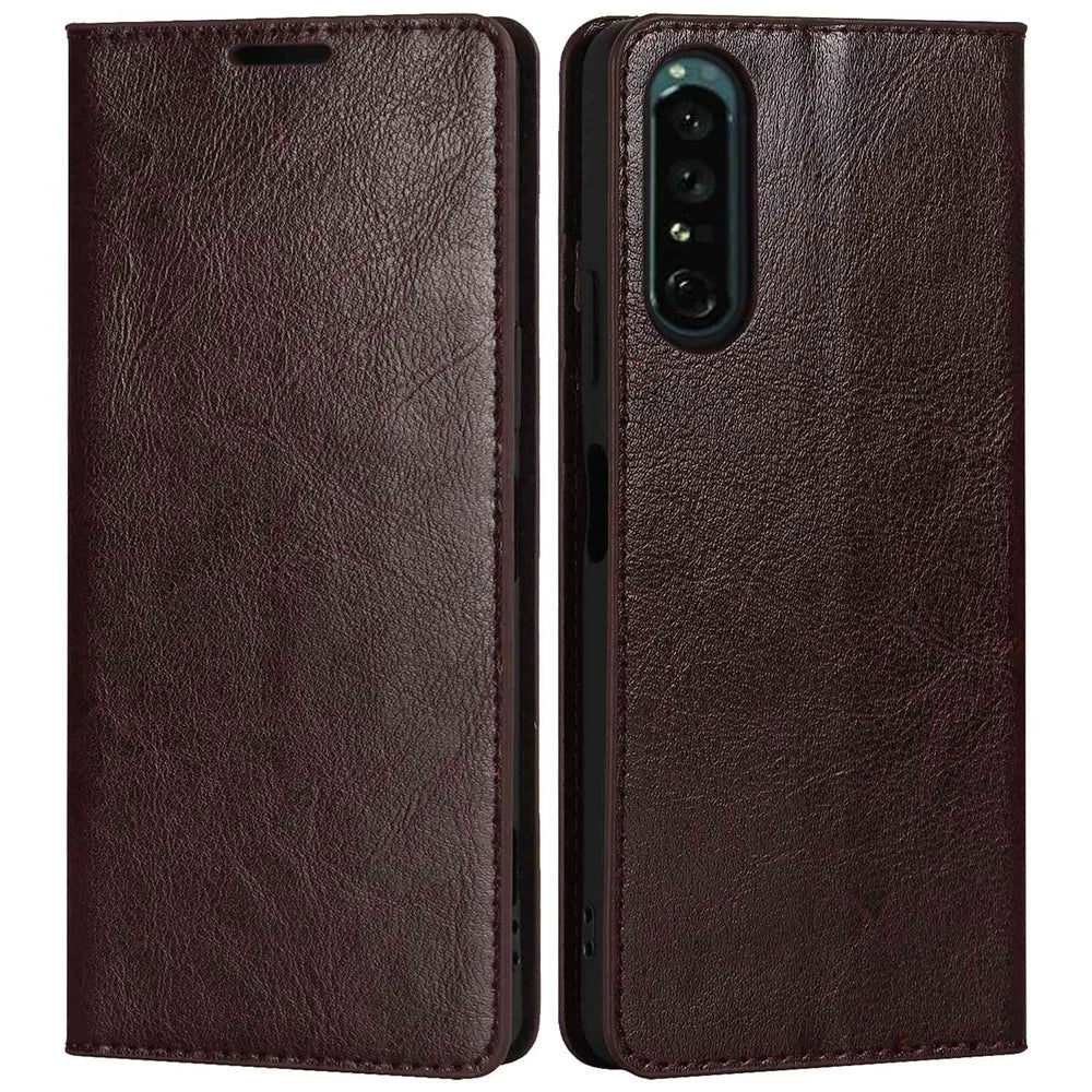 For Sony Xperia 1 IV Genuine Leather Wallet Phone Case Crazy Horse Texture Stand Full Protection Magnetic Absorption Cover - Dark Brown - 1