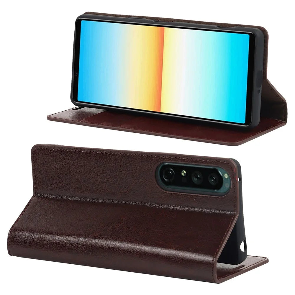 For Sony Xperia 1 IV Genuine Leather Wallet Phone Case Crazy Horse Texture Stand Full Protection Magnetic Absorption Cover - Dark Brown - 3