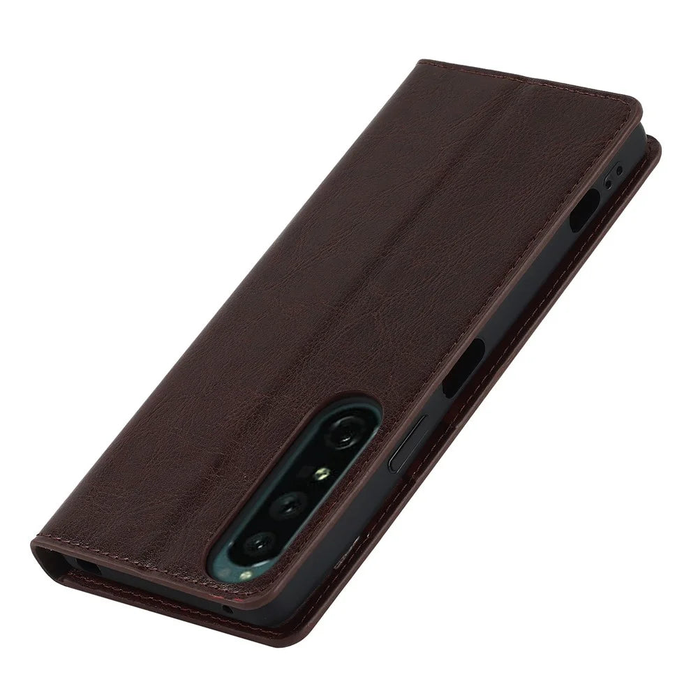 For Sony Xperia 1 IV Genuine Leather Wallet Phone Case Crazy Horse Texture Stand Full Protection Magnetic Absorption Cover - Dark Brown - 6