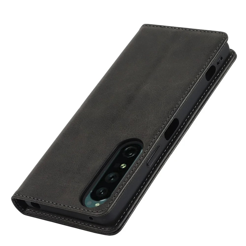 For Sony Xperia 1 IV PU Leather Protective Cover Auto-absorbed Wallet Stand Design Phone Case - Black - 6