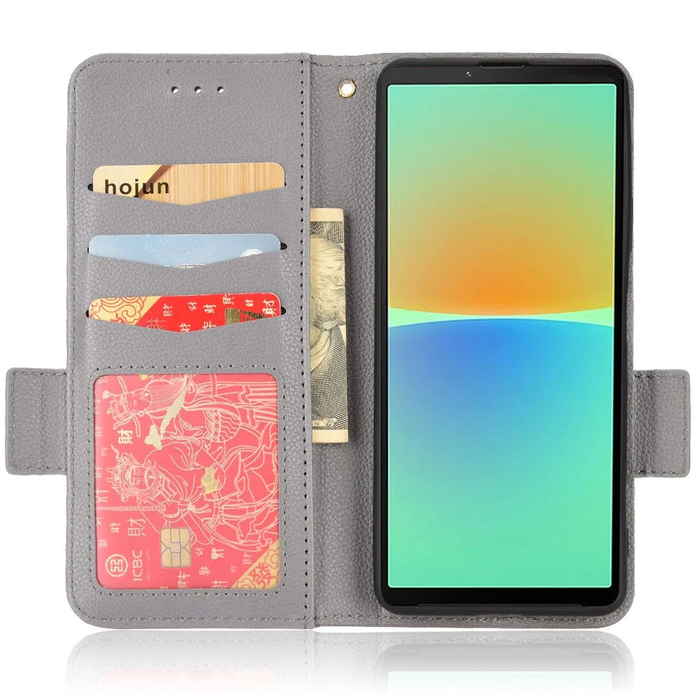 For Sony Xperia 10 IV Phone Cover, Side Buckle Litchi Texture Leather Phone Case Wallet Stand Design PU Leather Case - Grey - 2