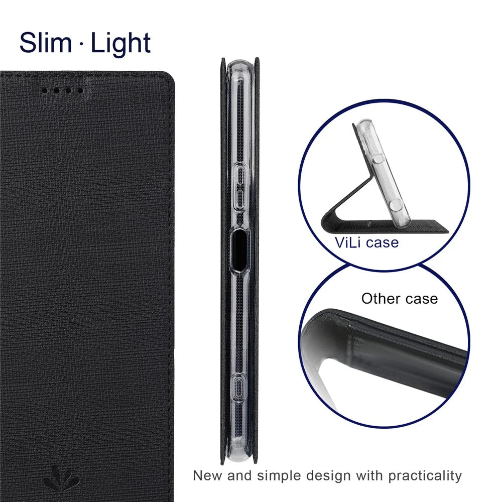 VILI DMX Series PU Leather Phone Case for Sony Xperia 1 IV Protective Case Hands-free Stand Cover with Card Holder - Black - 4