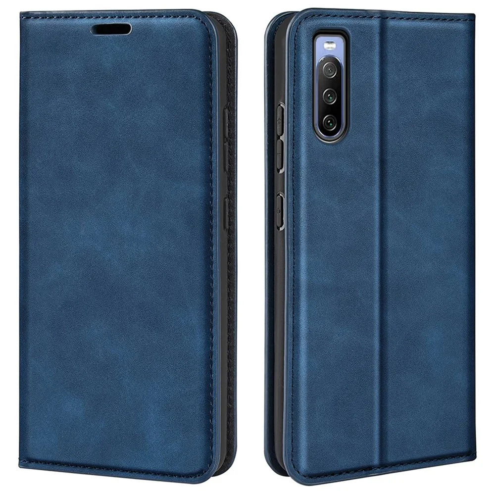 For Sony Xperia 10 IV PU Leather Wallet Flip Cover 3 Card Slots Magnetic Auto-Absorbed Skin Touch Feeling Stand Folio Phone Case - Blue - 1
