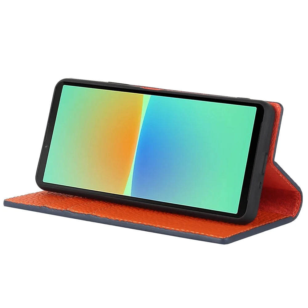 For Sony Xperia 10 IV 5G Shockproof Genuine Leather Case Litchi Texture Wallet Stand Anti-scratch Phone Shell with Hand Strap - Dark Blue - 3