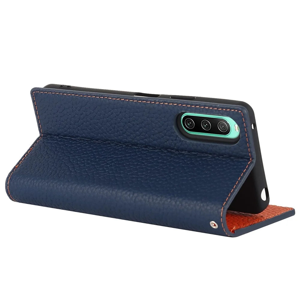 For Sony Xperia 10 IV 5G Shockproof Genuine Leather Case Litchi Texture Wallet Stand Anti-scratch Phone Shell with Hand Strap - Dark Blue - 4
