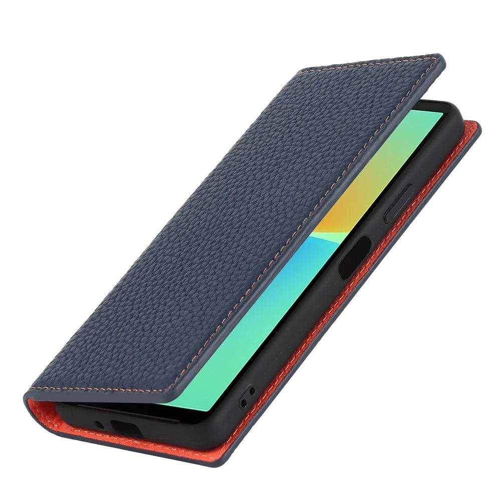 For Sony Xperia 10 IV 5G Shockproof Genuine Leather Case Litchi Texture Wallet Stand Anti-scratch Phone Shell with Hand Strap - Dark Blue - 7