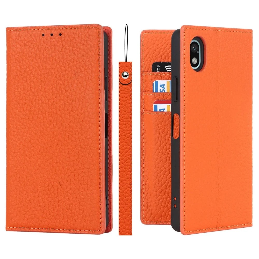 For Sony Xperia Ace III 5G Shockproof Phone Cover Litchi Texture Genuine Leather Case Wallet Stand with Hand Strap - Orange - 1