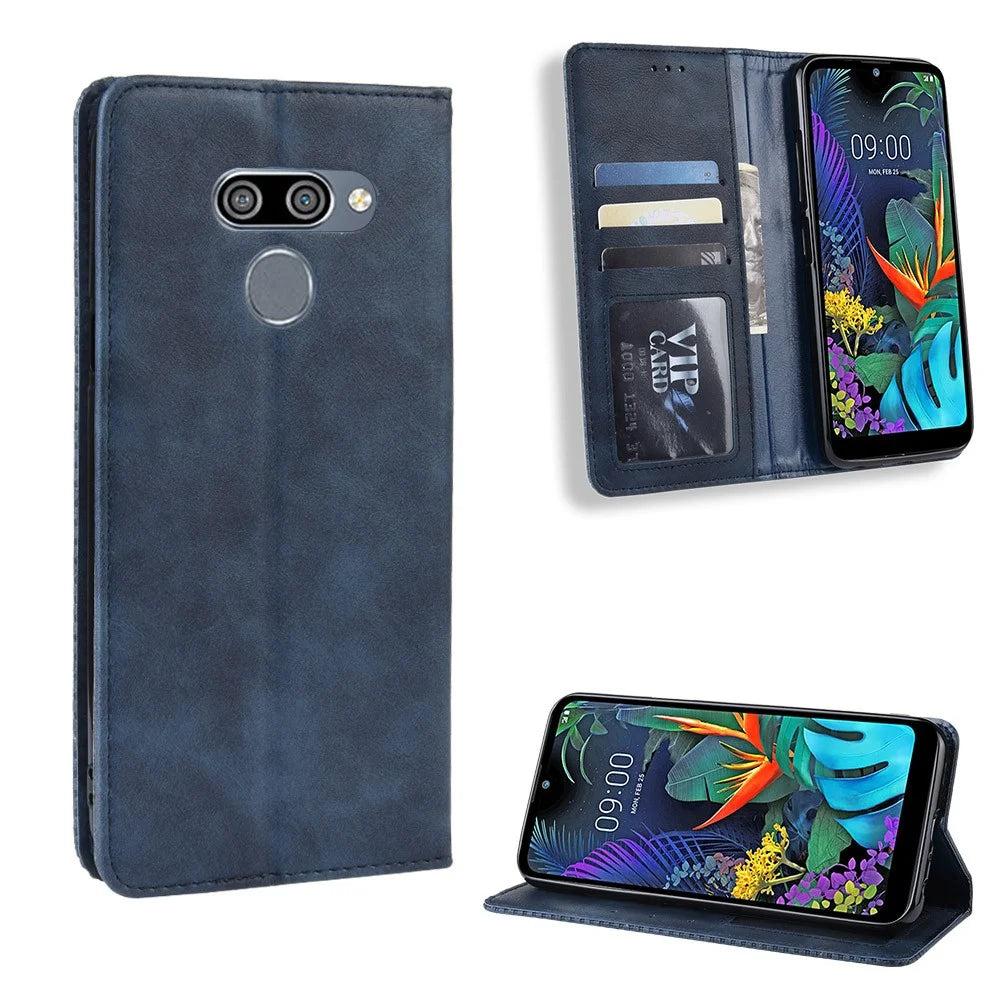 Vintage Style Leather Wallet Case for LG K50/Q60 - Blue - 1