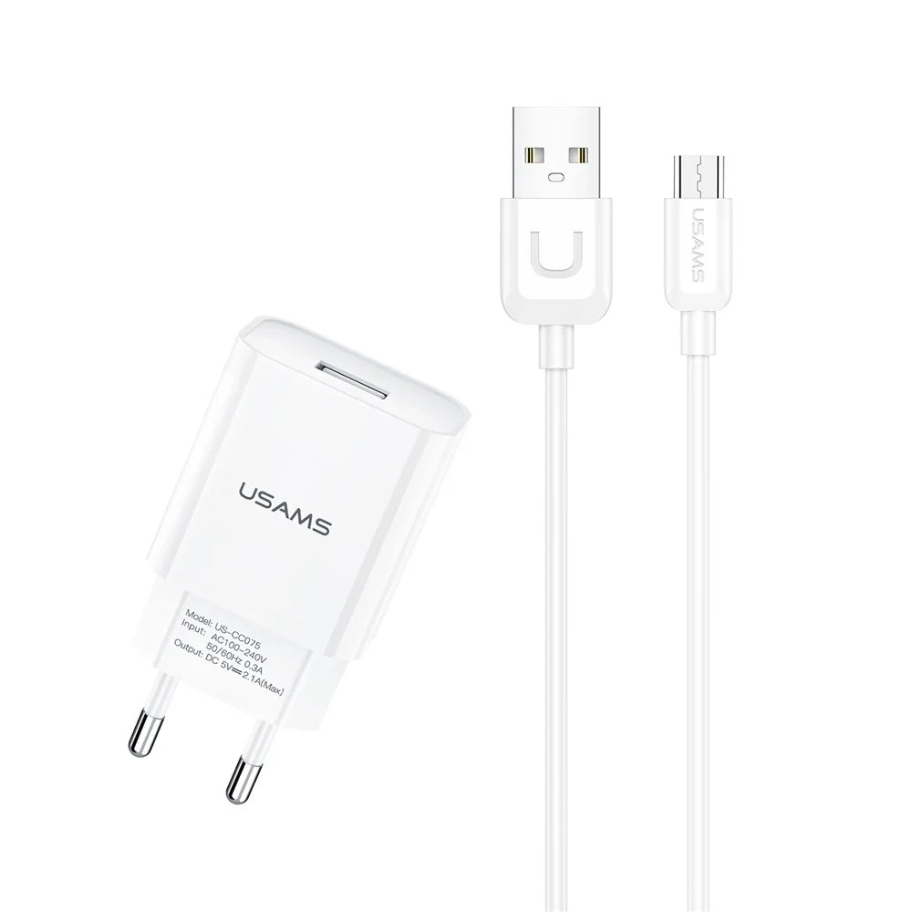 USAMS T21 Travel Charger Set 2.1A Wall Phone Charger and Micro USB Cable (EU Plug) - 1
