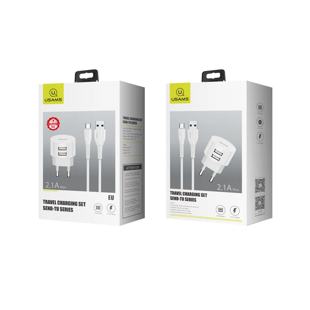 USAMS Dual Ports USB Round Travel Charger + Type-C Data Sync Charging Cable for Huawei Samsung - EU Plug - 4