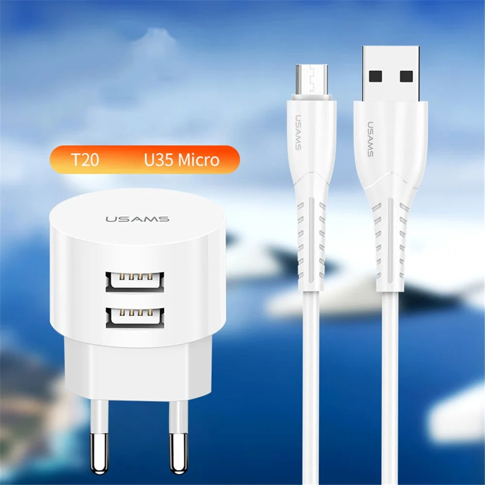USAMS USAMS-XT T20 Dual USB Ports Round Travel Charger + U35 Data Sync Micro Charging Cable Set - EU Plug - 3