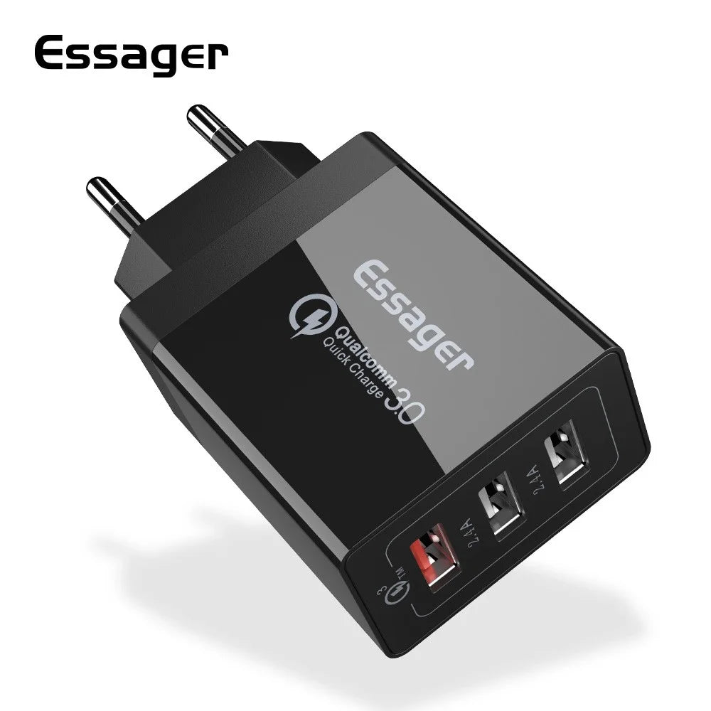 ESSAGER QC3.0 + Dual 2.4A USB 30W Travel Charger Wall Charger - Black/EU Plug - 2