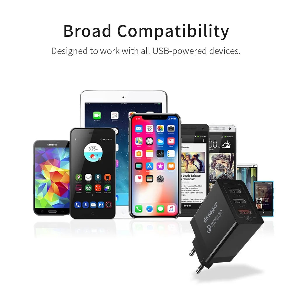 ESSAGER QC3.0 + Dual 2.4A USB 30W Travel Charger Wall Charger - Black/EU Plug - 7