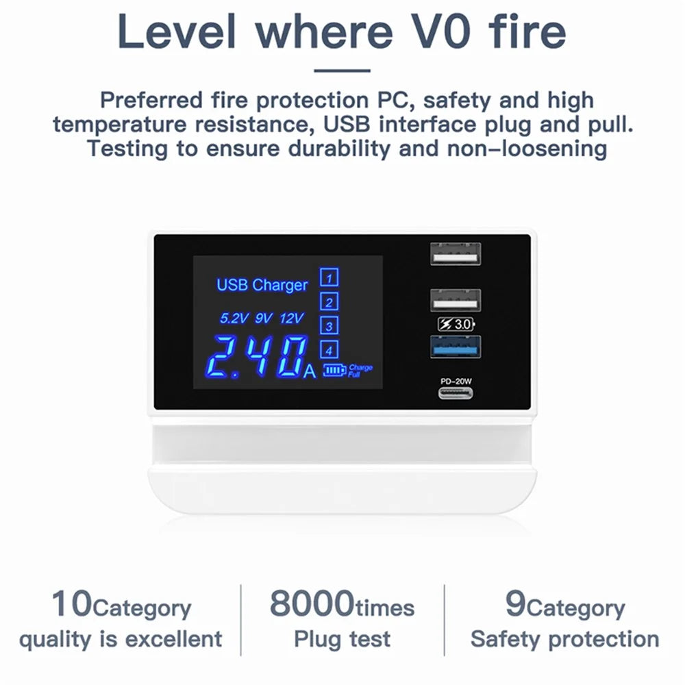 WIN HOW SOLUTION YC-CDA26D Quick Charge 3.0 USB +PD 20W Type-C Fast Charging Station 4-Port Charger [CE Certificated] - EU Plug - 6