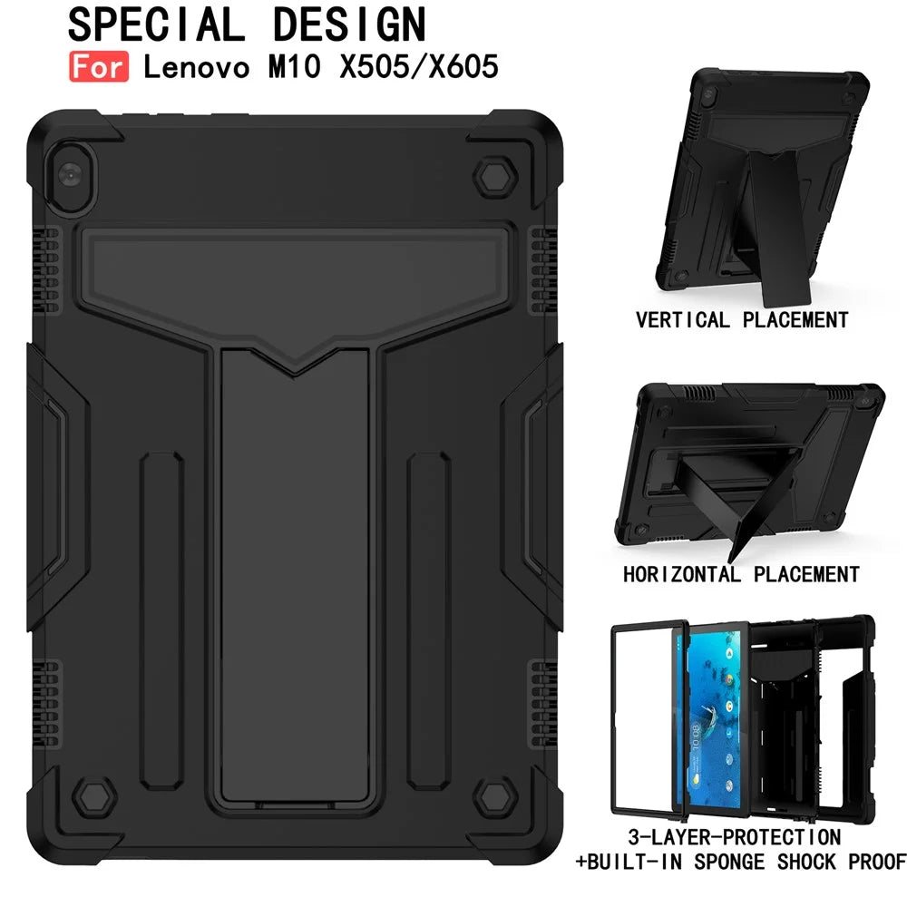Shock Absorption Silicone + PC Tablet Hybrid Case with Folding Kickstand for Lenovo Tab M10 TB-X605F/X505 - All Black - 2