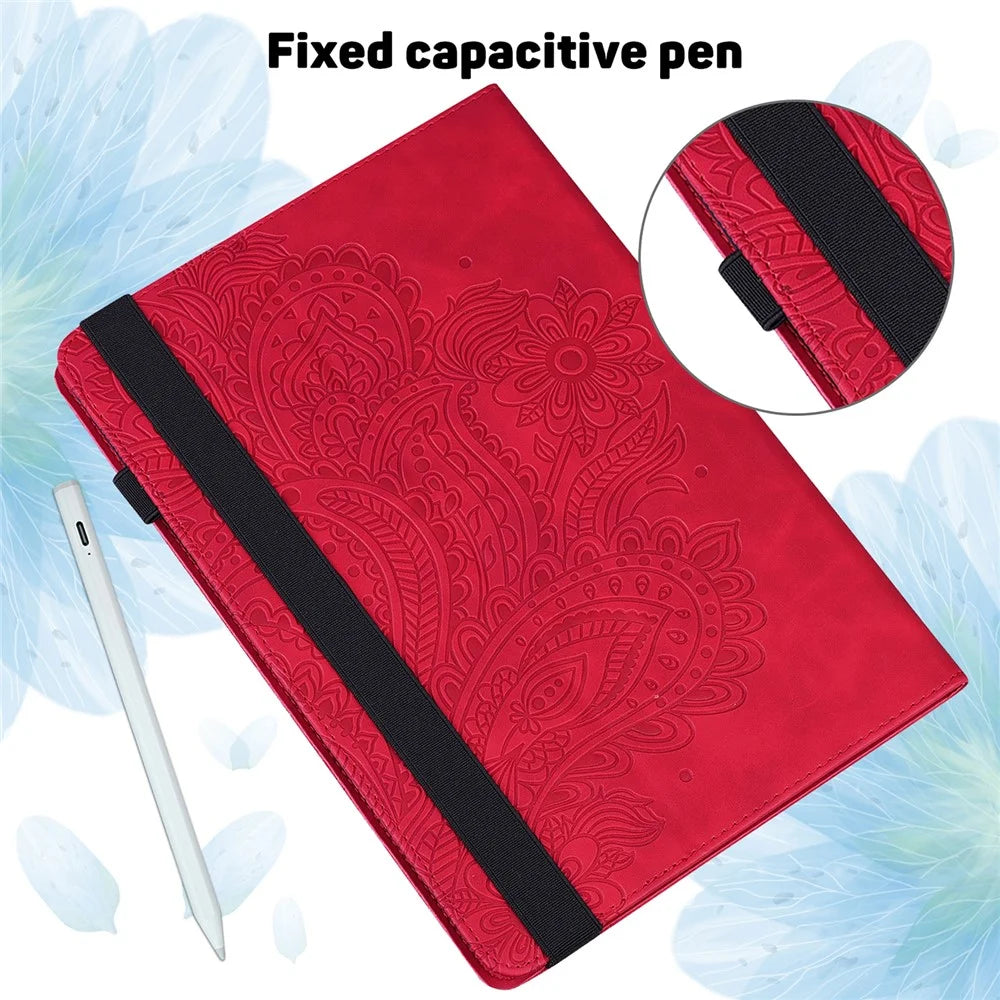 Imprinted Flower Pattern Leather Wallet Stand Tablet Protective Case for Lenovo Tab M10 Plus - Red - 7