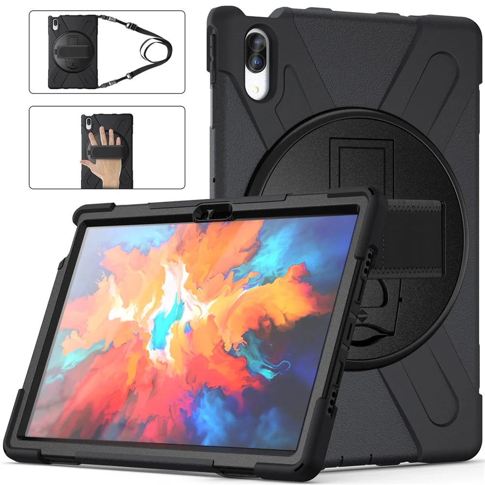 360 Degree Swivel Kickstand Design PC + Silicone Hybrid Protective Tablet Case + Shoulder Strap for Lenovo Tab P11 Pro TB-J706F - Black - 1