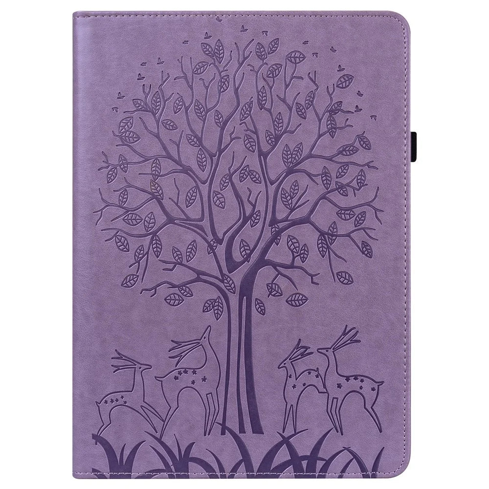 For Lenovo Legion Y700 Elastic Band Design Imprinting Tree Deer Pattern Card Slots Stand Shockproof PU Leather Tablet Cover Case - Purple - 3