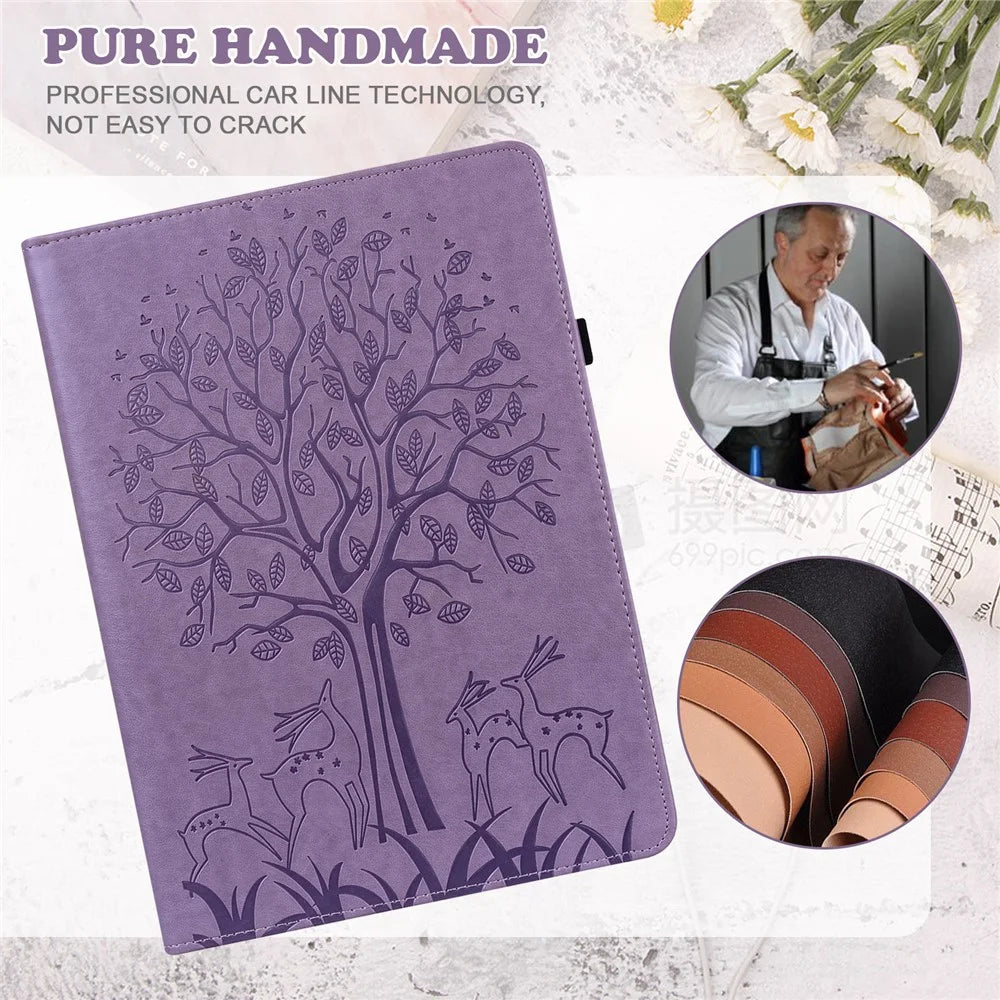 For Lenovo Legion Y700 Elastic Band Design Imprinting Tree Deer Pattern Card Slots Stand Shockproof PU Leather Tablet Cover Case - Purple - 4