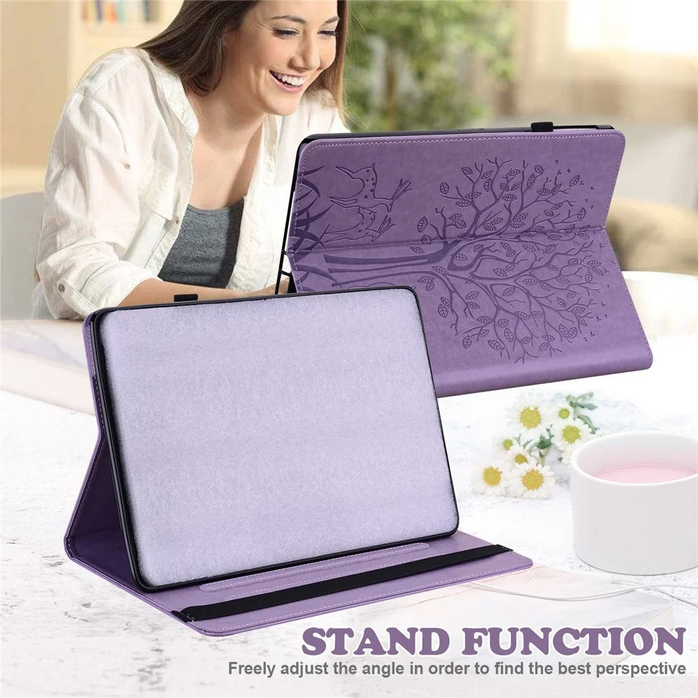 For Lenovo Legion Y700 Elastic Band Design Imprinting Tree Deer Pattern Card Slots Stand Shockproof PU Leather Tablet Cover Case - Purple - 6
