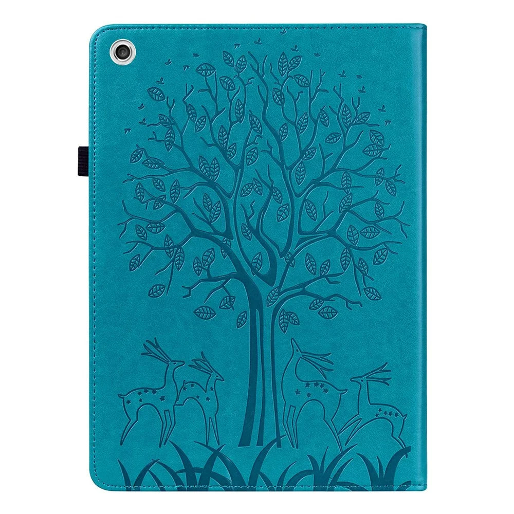 For Lenovo Tab M10 Plus (3rd Gen) Imprinting Tree Deer Pattern Tablet Case PU Leather Card Slots Stand Shell - Blue - 3