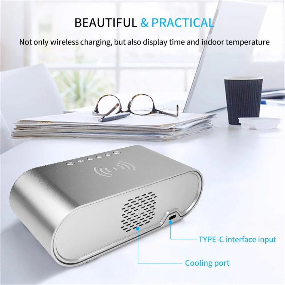 W628 Alarm Clock 15W Wireless Charger Thermometer Calendar Snooze Functions Alarm - Silver - 6