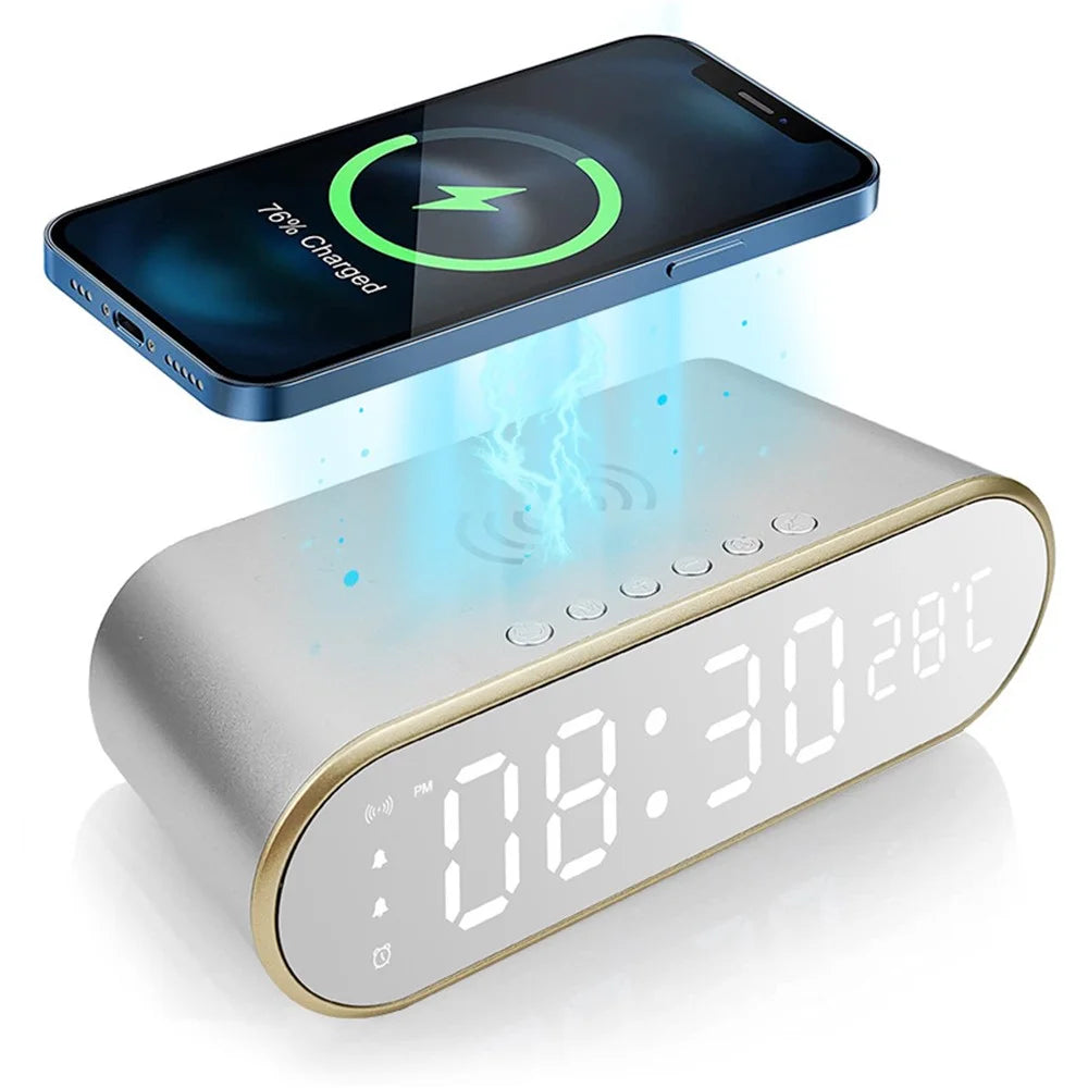 W628 Alarm Clock 15W Wireless Charger Thermometer Calendar Snooze Functions Alarm - Silver - 7
