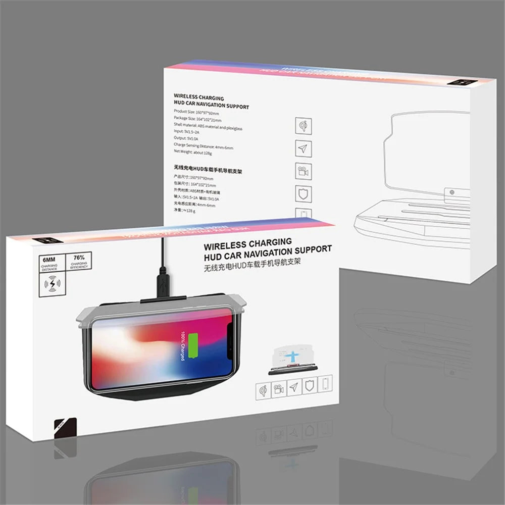 5W Qi Wireless Charger + Heads up Car Navigation Image Reflector HUD 2-in-1 Design for iPhone Samsung Huawei - 4