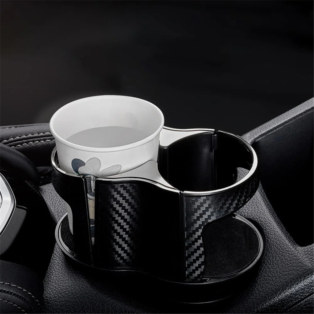 SB-1077 Car Vehicle Dual Cup Holder Water Bottle Drink Rack - Carbon Fiber Black/Silver Edge - 2