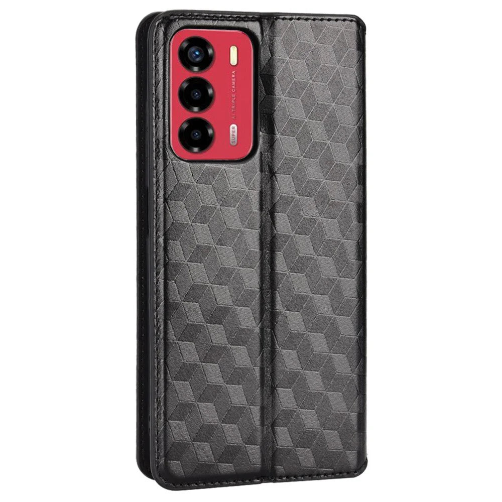 For ZTE Blade A72/Blade V40 Vita Rhombus Imprinted Phone Case Magnetic Auto Closing PU Leather Wallet Stand Shell - Black - 3
