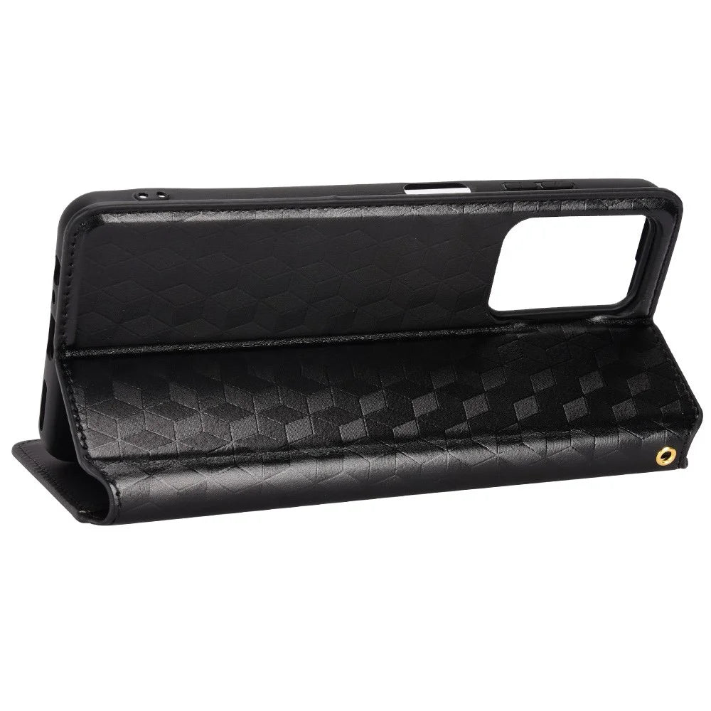 For ZTE Blade A72/Blade V40 Vita Rhombus Imprinted Phone Case Magnetic Auto Closing PU Leather Wallet Stand Shell - Black - 5