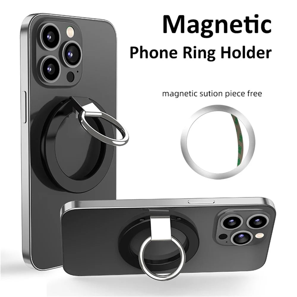Magnetic Phone Ring Holder Compatible with iPhone 13 / 12 Series Adjustable Finger Ring Grip Stand Support 360-degree Rotating 180-degree Folding - Black - 2